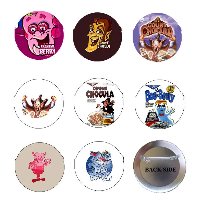 Set of 8 round cartoon pinback buttons, colorful character designs and one back-side pin