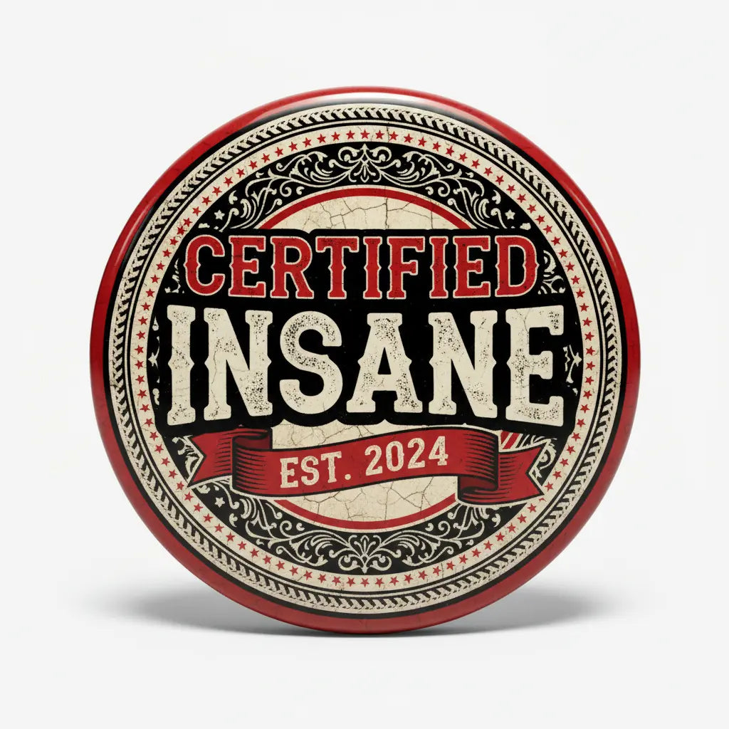 2.25-inch pinback button, red rim with “CERTIFIED INSANE” and “EST. 2024” text