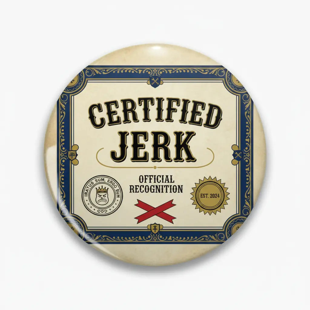 2.25-inch pinback button with 'Certified Jerk' official recognition graphic