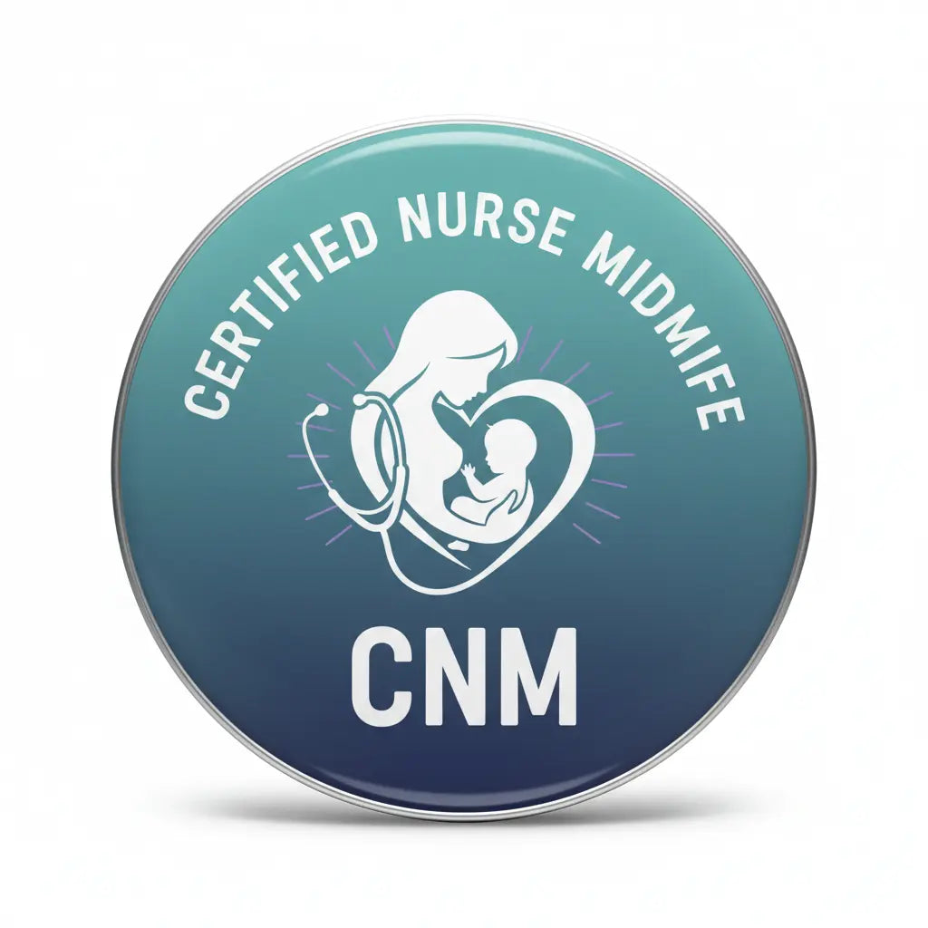 Round teal nurse midwife pin with white logo and text CERTIFIED NURSE MIDWIFE, CNM