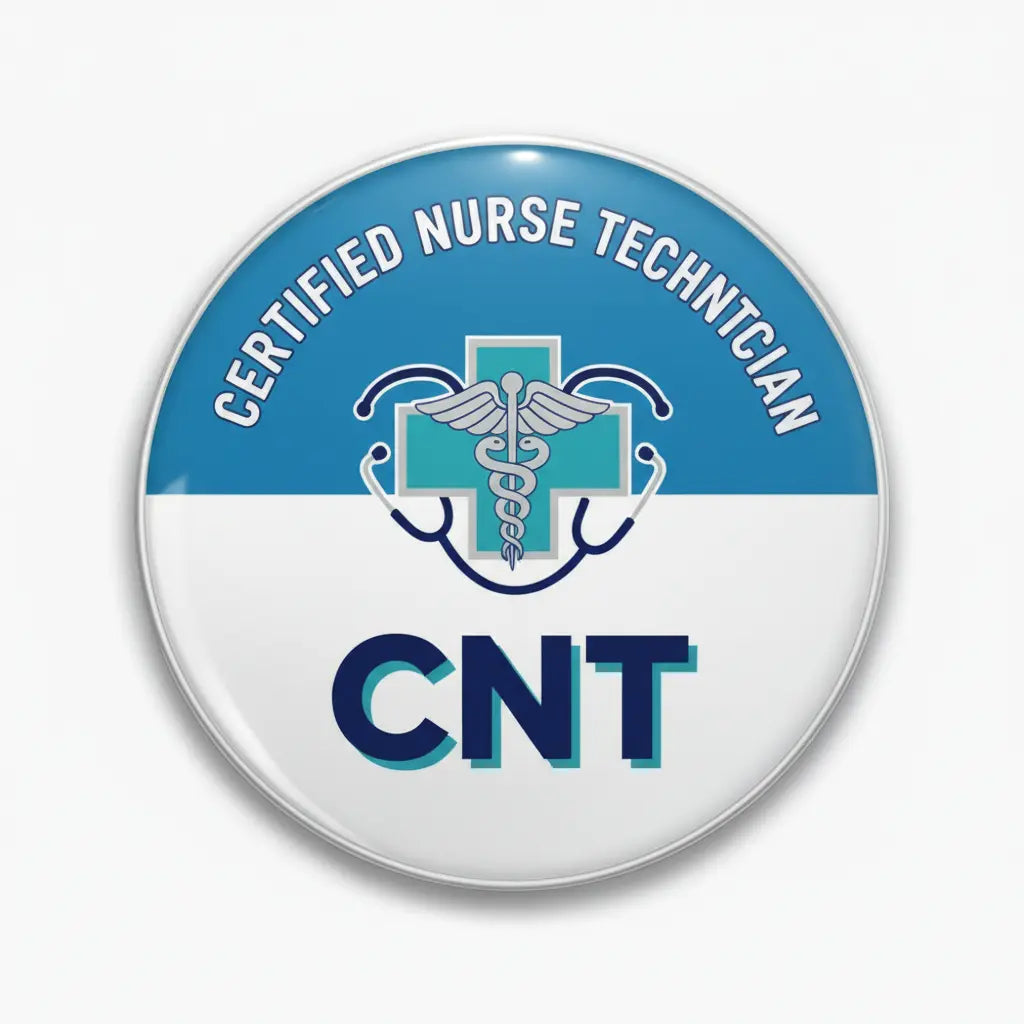 2.25-inch nurse technician pinback button, blue/white with caduceus emblem and CNT