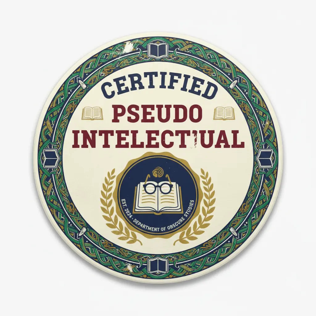 2.25-inch pinback button with green patterned rim and red/blue 'CERTIFIED PSEUDO INTELLECTUAL' text