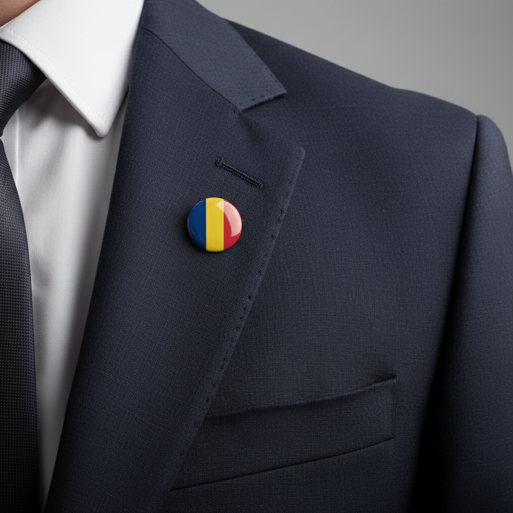 Chad flag enamel pin on navy suit lapel, circular yellow-blue-red flag design