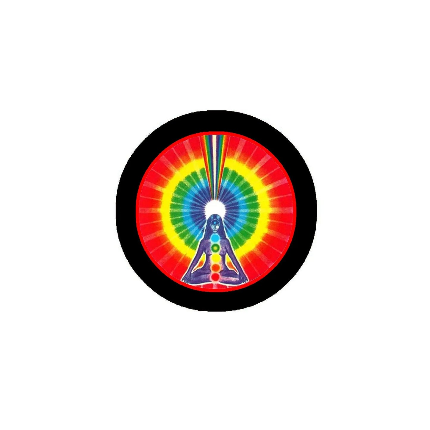 Round pinback button with red-yellow-green chakra design and seated meditation figure