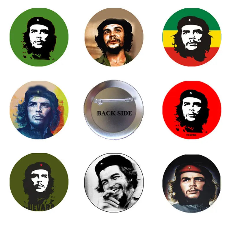 Set of 8 circular Che Guevara pinback buttons with assorted printed faces