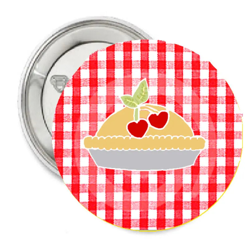 Cherry pie pinback button with red-and-white gingham and red cherries illustration