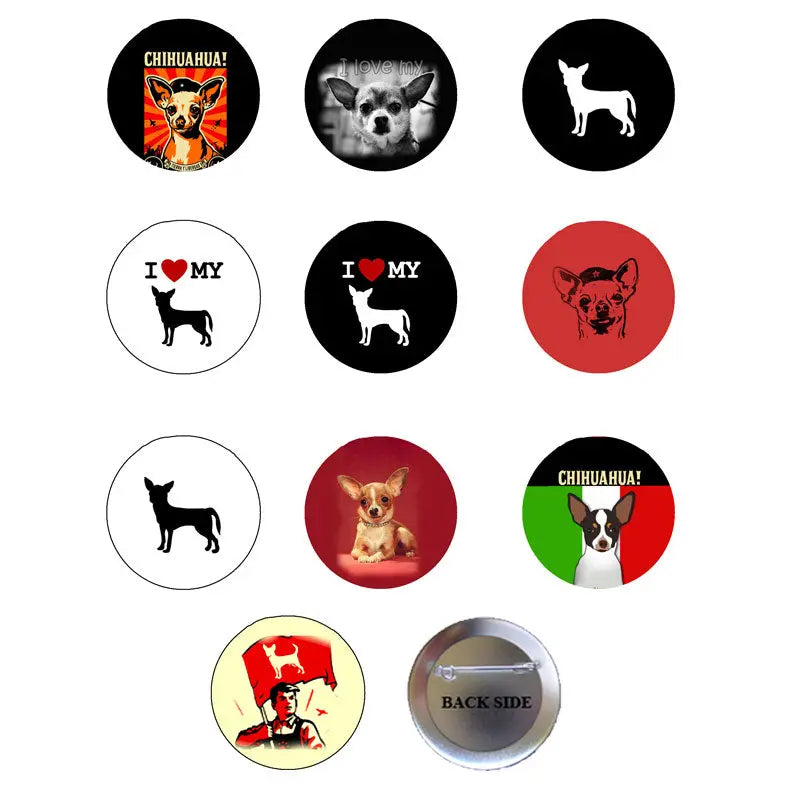 Set of 9 Chihuahua pinback buttons, 1.25-inch round designs with dog graphics and text