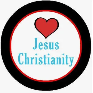 Round religious pinback button with black rim, heart and 'Jesus Christianity' text