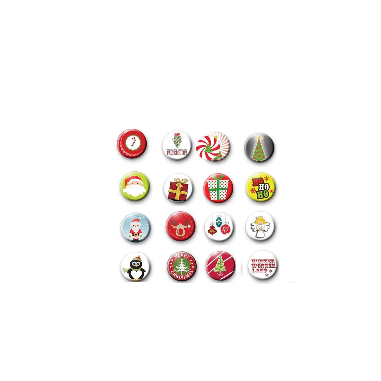 Small round holiday pinback buttons with mixed Christmas symbols and characters