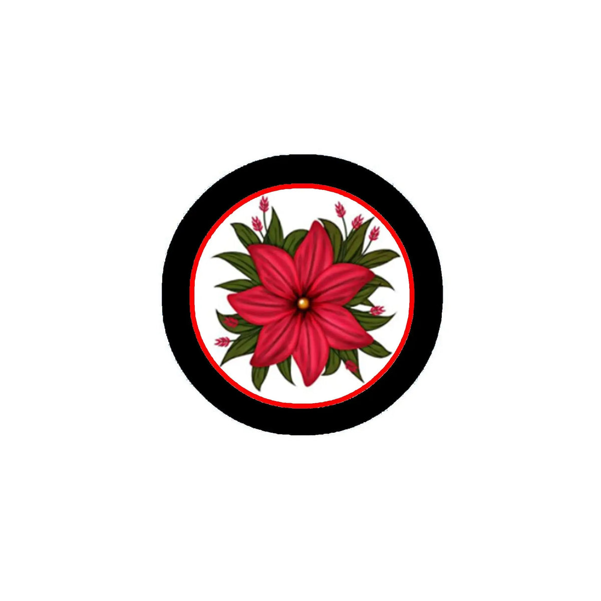 2.25-inch Christmas flower pinback button with red poinsettia and green leaves, black border