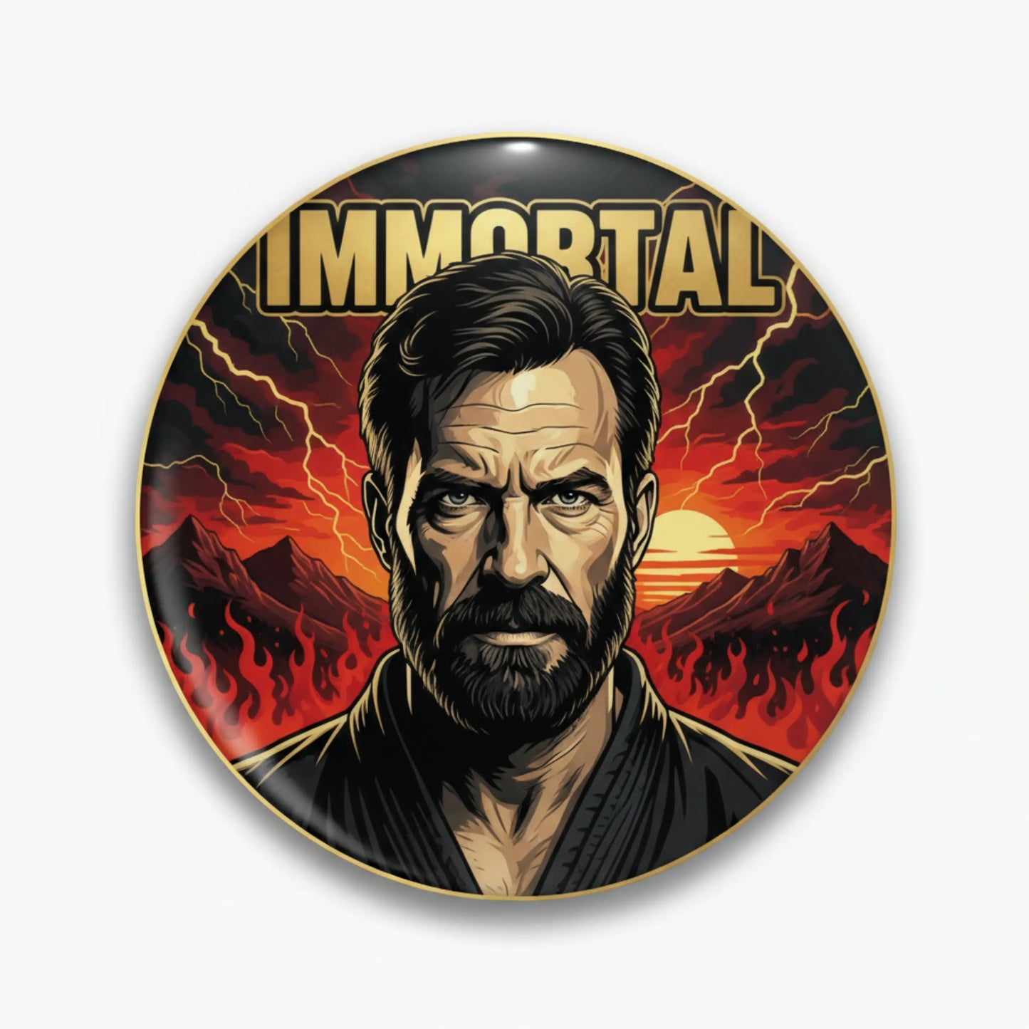 Immortal pinback button, round 2.25-inch with portrait and 'IMMORTAL' text, lightning