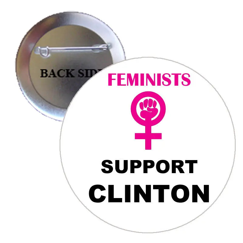 Round pinback button: FEMINISTS SUPPORT CLINTON with female symbol icon