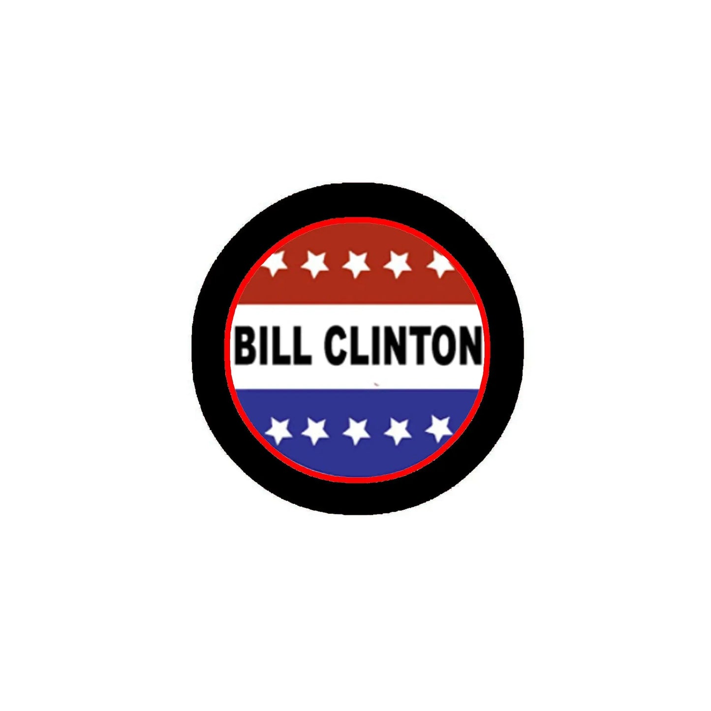 Round pinback button with Bill Clinton text and red, white, blue stars design