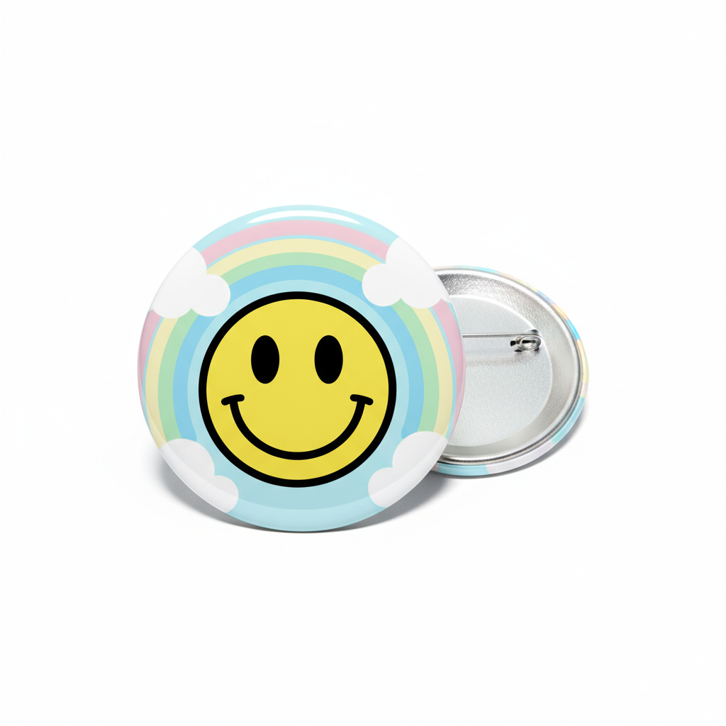 2.25-inch rainbow smiley cloud pinback button with yellow face and silver back