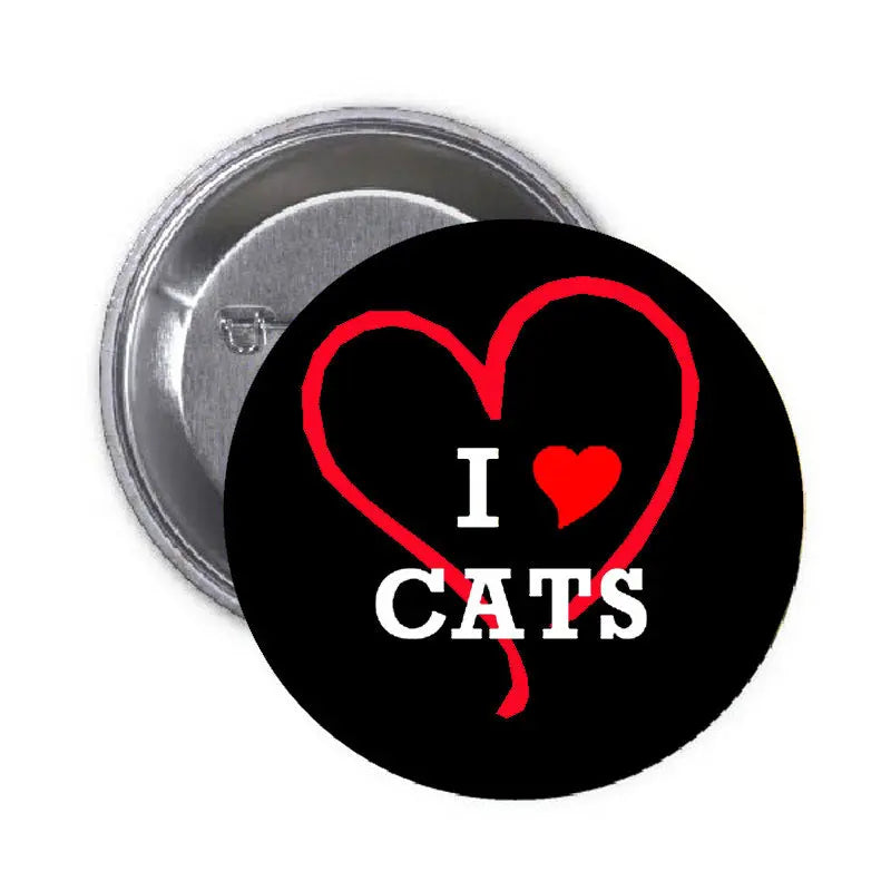 Black cat-themed pinback button with red heart outline and 'I ♥ CATS' text