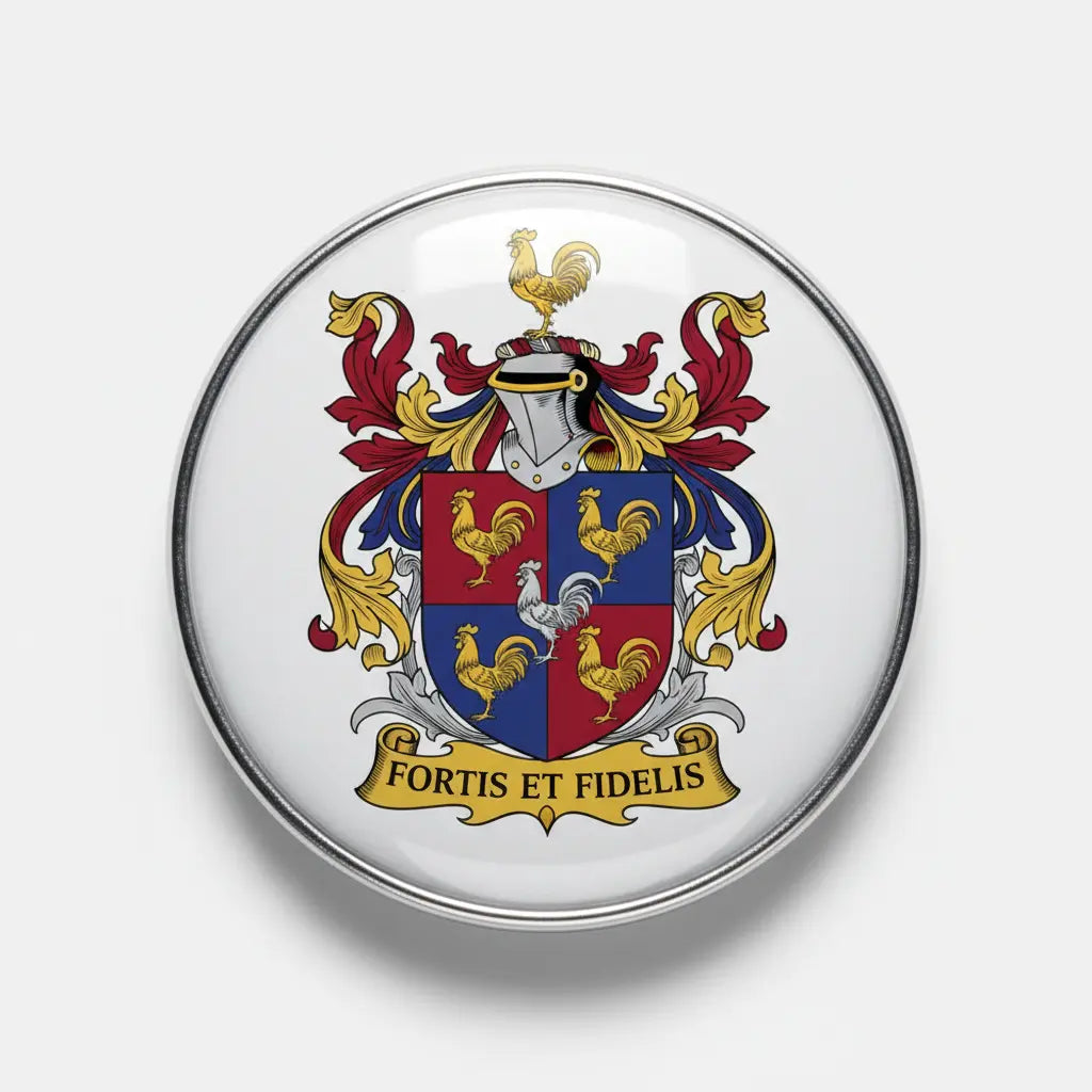 3-inch round metal magnet with colorful family crest shield and banner text