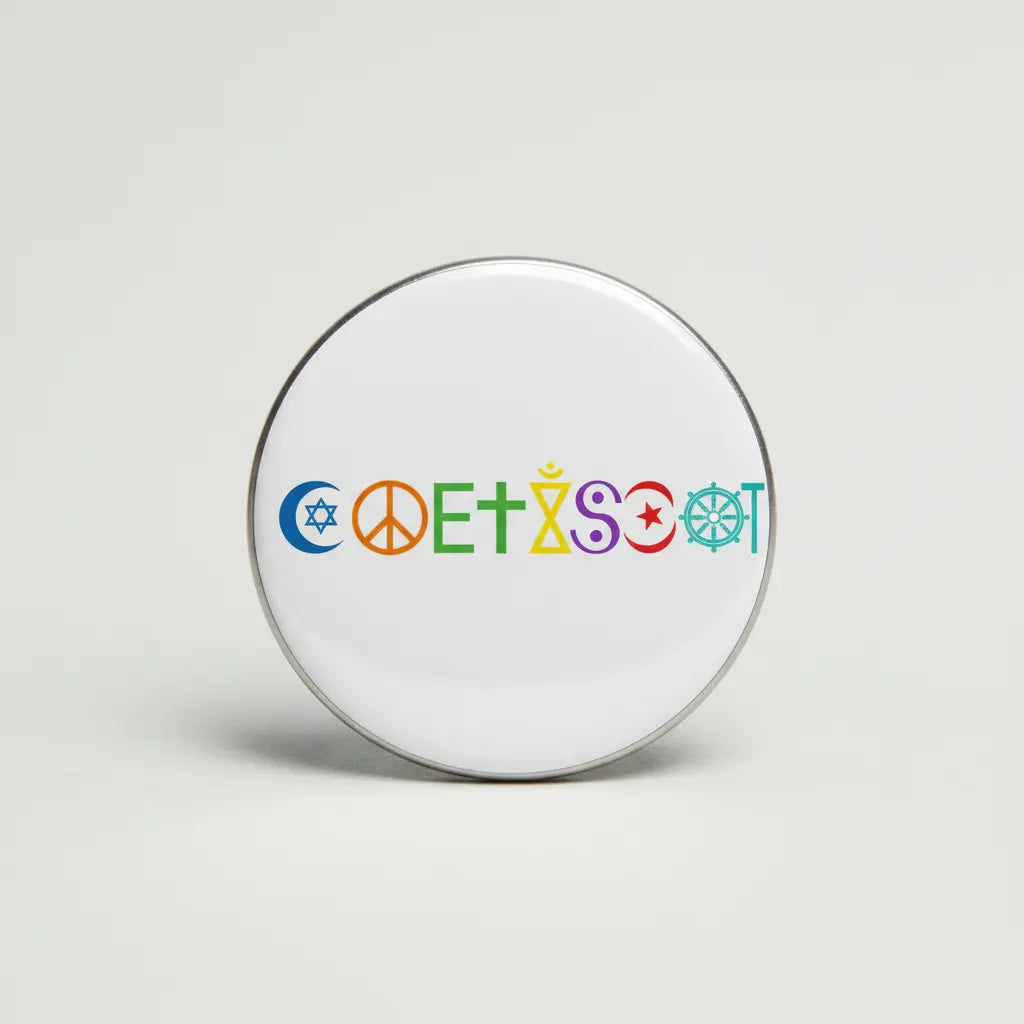 COEXIST white pinback button with colorful peace symbols, 2.25-inch