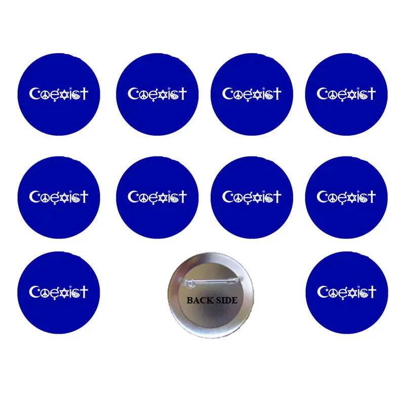 Set of blue round Coexist symbol pinback buttons, with one showing the back clasp