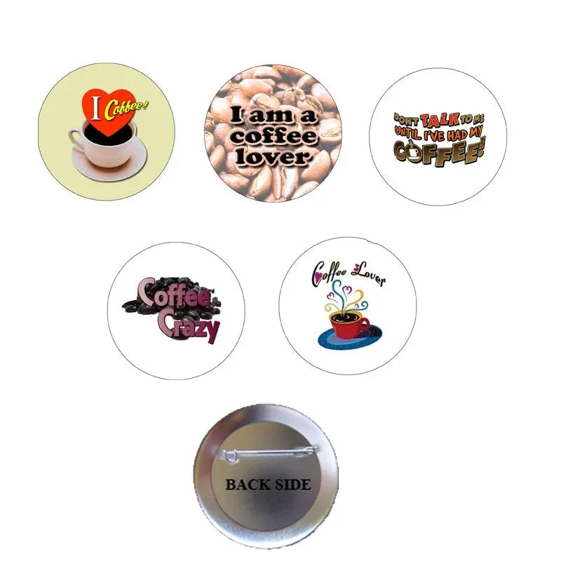 Set of five coffee-themed 1.25-inch pinback buttons, round designs with text and graphics