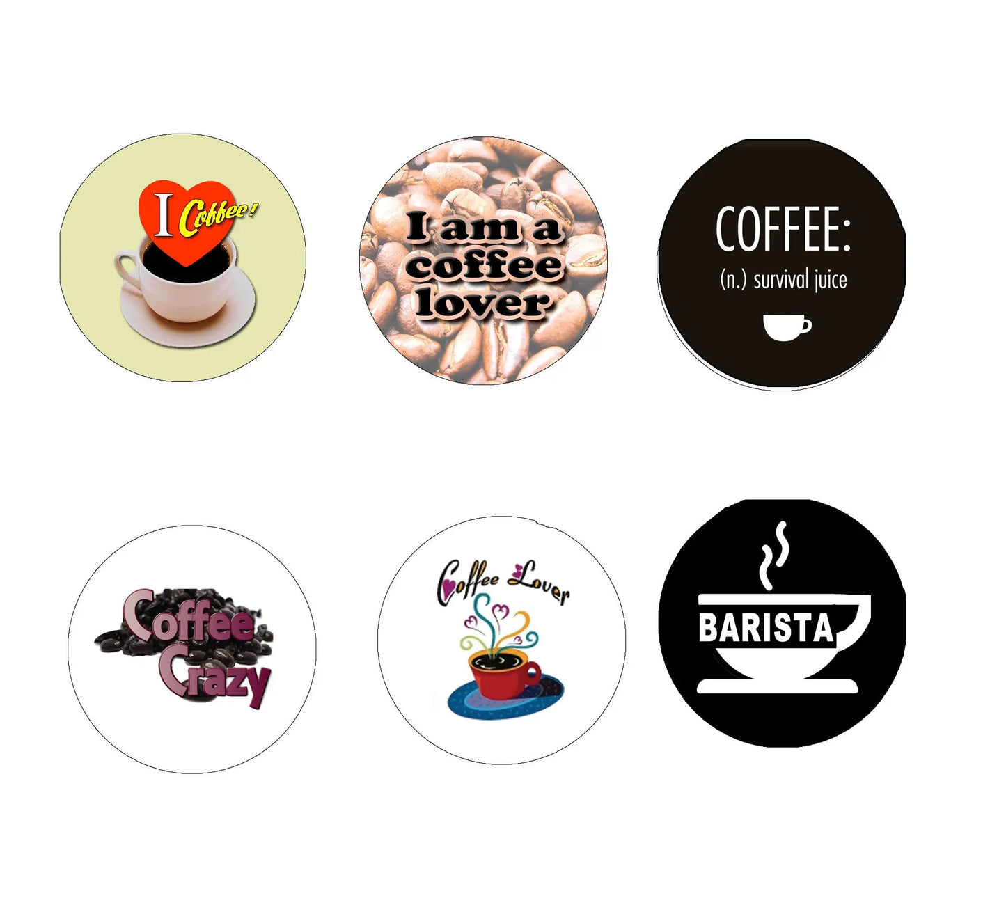 Set of 4 coffee-themed round pinback buttons with quotes and cup icons