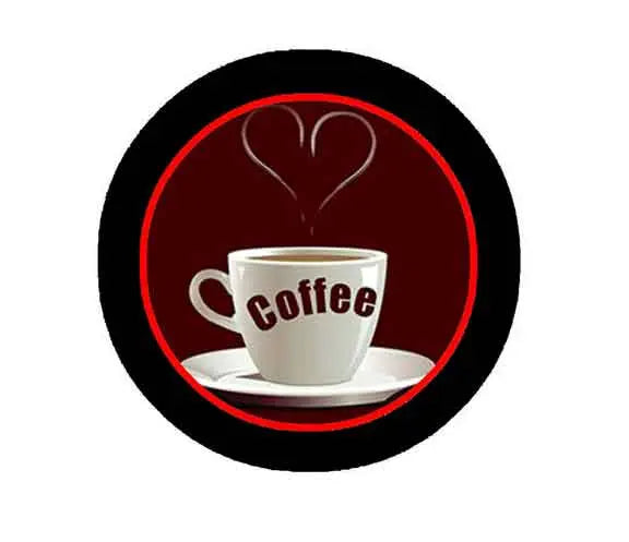Coffee-themed pinback button with red ring and white coffee cup icon