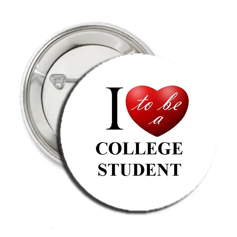 2.25-inch college student pinback button with red heart and text badge