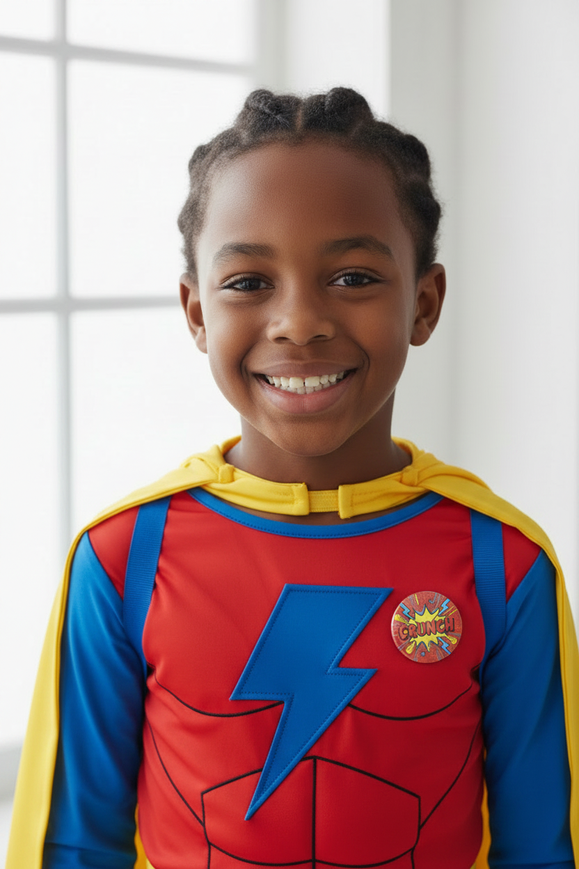 Comic crunch pinback badge on kid's superhero costume, red and yellow lightning graphic