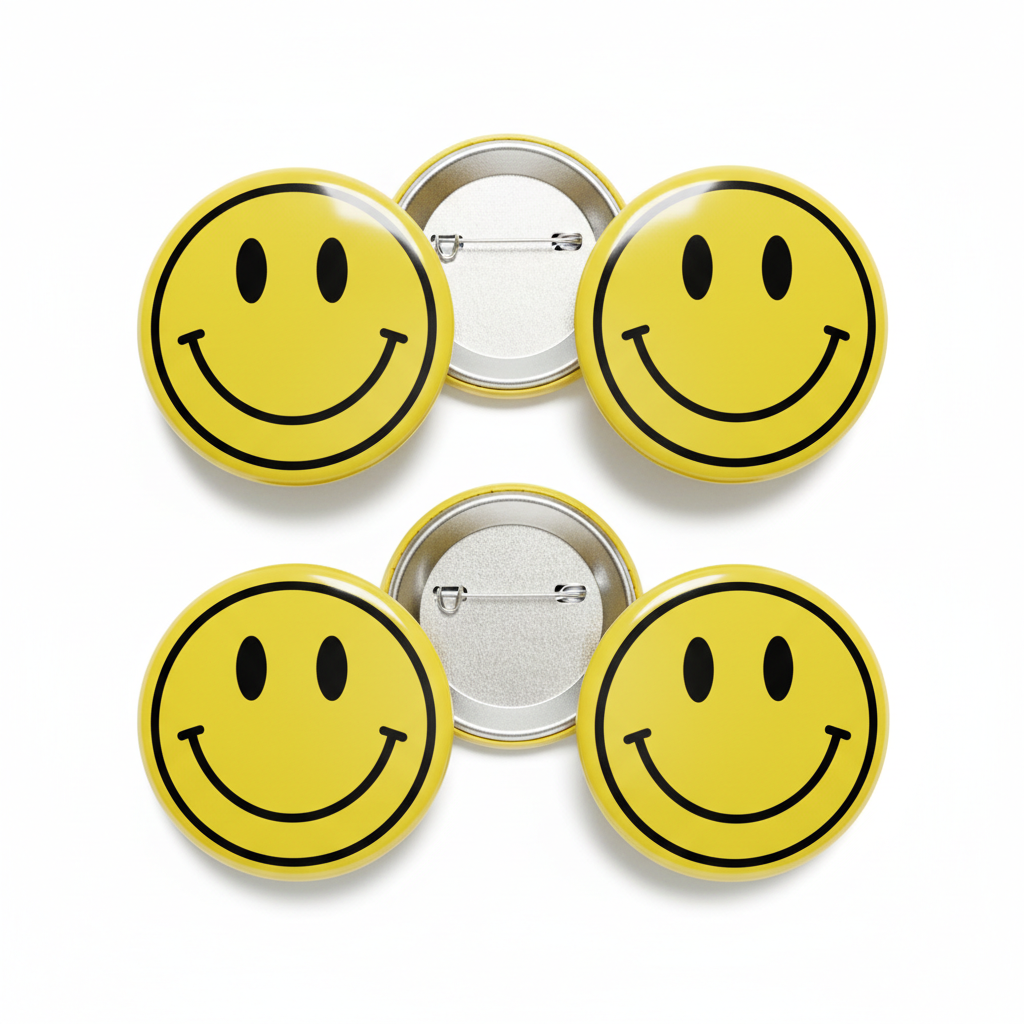 Set of 4 yellow smiley face pinback buttons with silver metal backs
