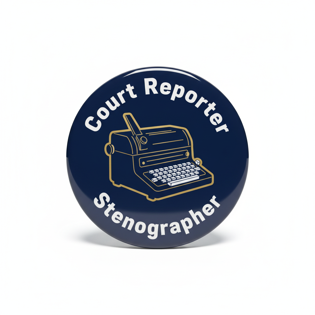 A round pin-back button badge featuring a navy blue background with a gold line drawing of a typewriter and the words 'Court Reporter Stenographer' in white text.