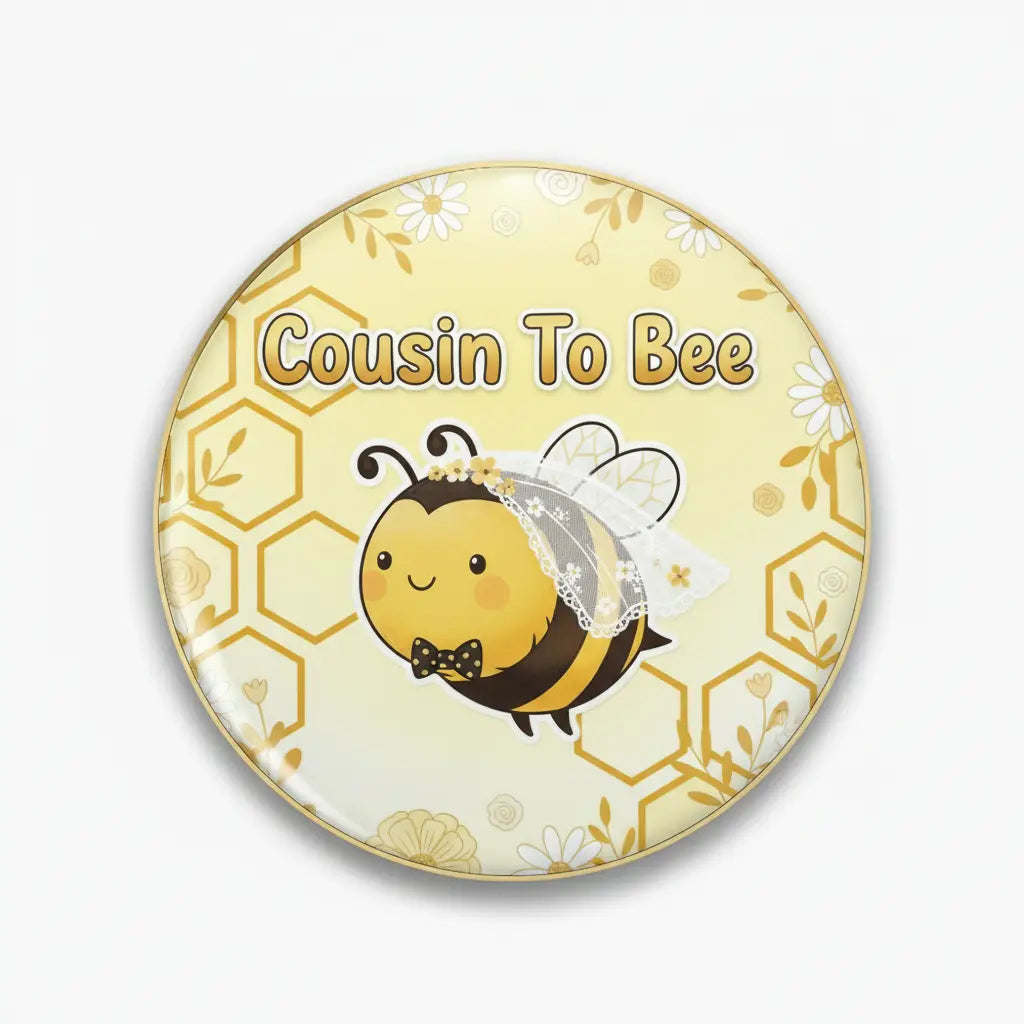 Round pinback button with cartoon bee and 'Cousin To Bee' text