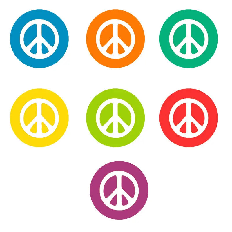 Set of 7 circular peace symbol pinback pins, 1.25-inch, assorted colors
