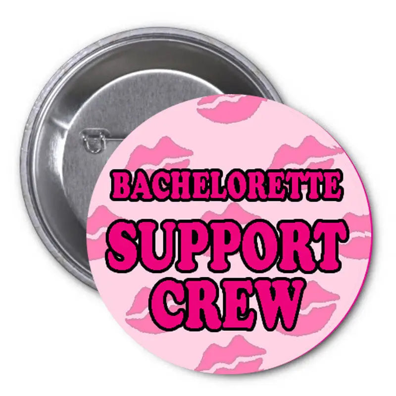 2.25-inch round pinback button with pink camo and 'Bachelorette Support Crew' text