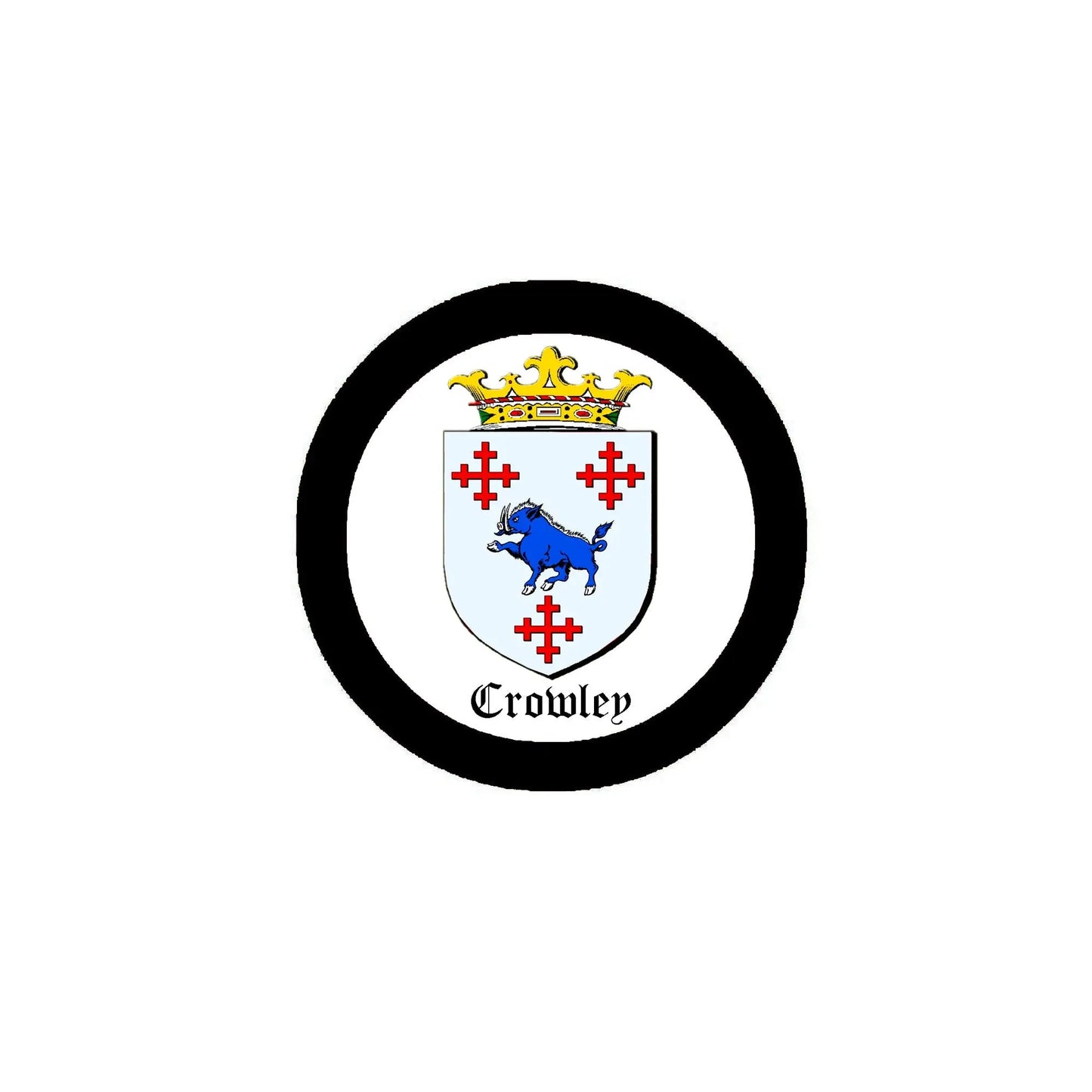 3-inch round Crowley family crest coat of arms magnet with black border and shield