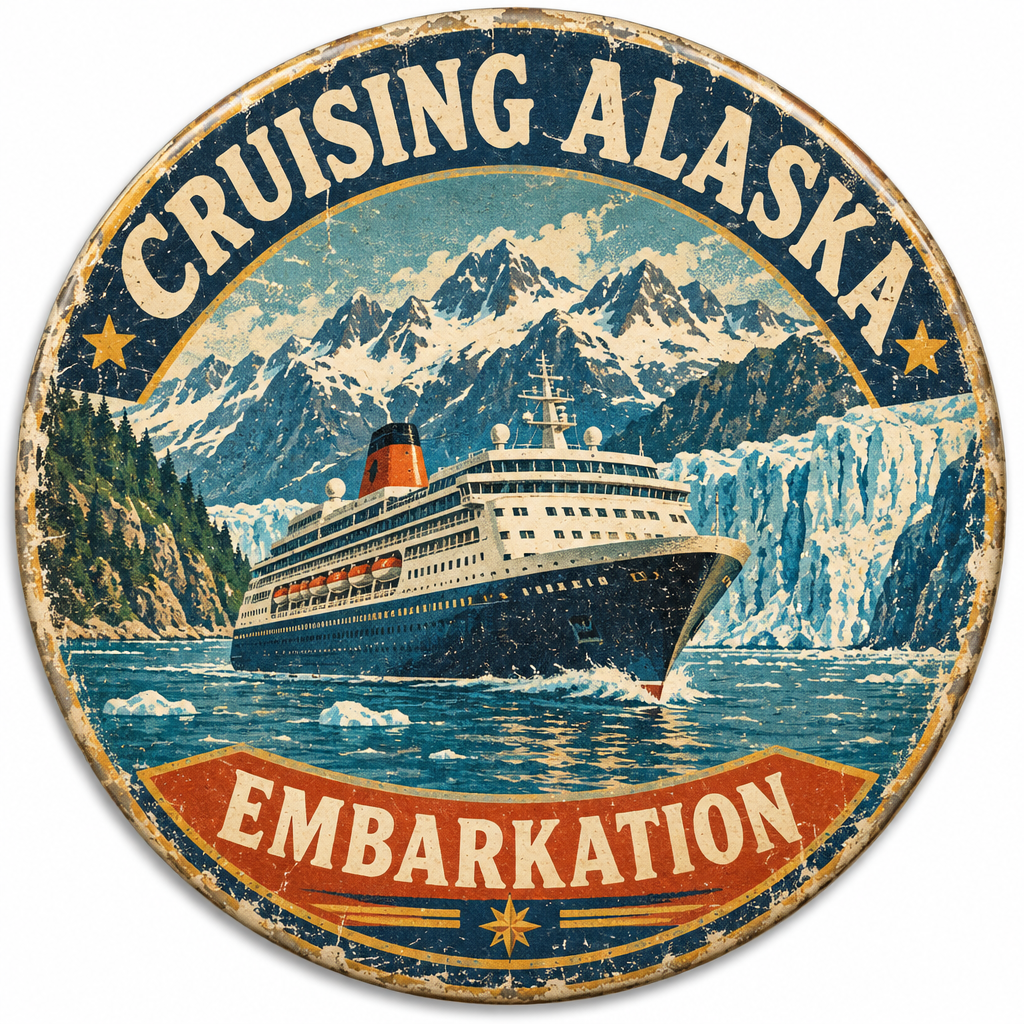 Cruising Alaska Retro Distressed Ship Embarkation Pin Button 2.25-inch