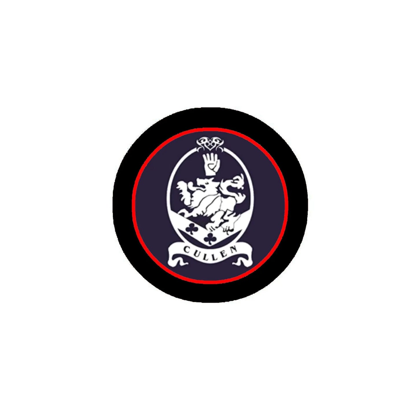 Round black pinback button with red ring and Cullen crest emblem, 1.25-inch