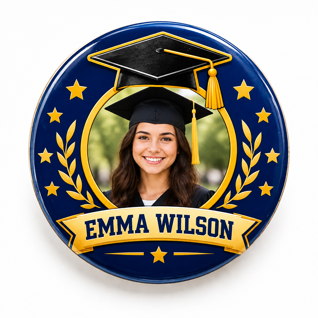 A round graduation-themed pin or badge with a dark blue background, gold stars, a black graduation cap, a rolled diploma with a blue bow, and the word "SENIOR" in large gold letters.