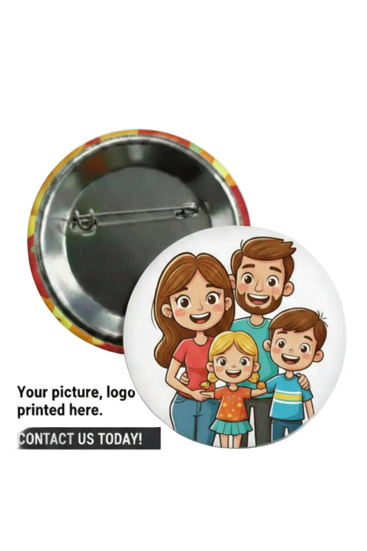 Custom button badge with 'Your Image Here' text on a white background -mypinbacks.com