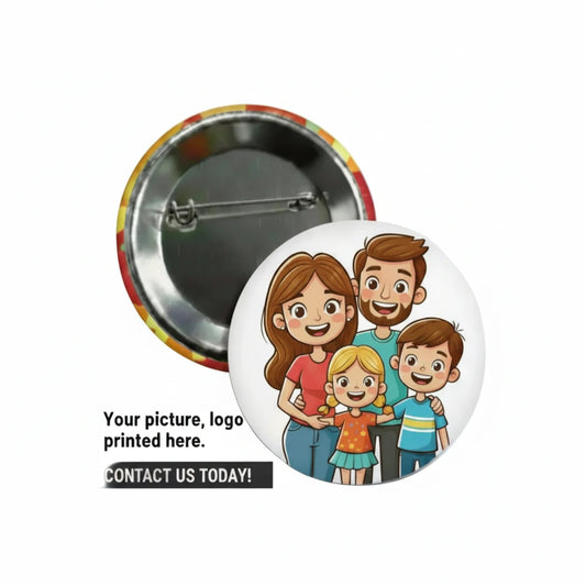Round pinback badge with colorful family illustration; metal pin back visible.