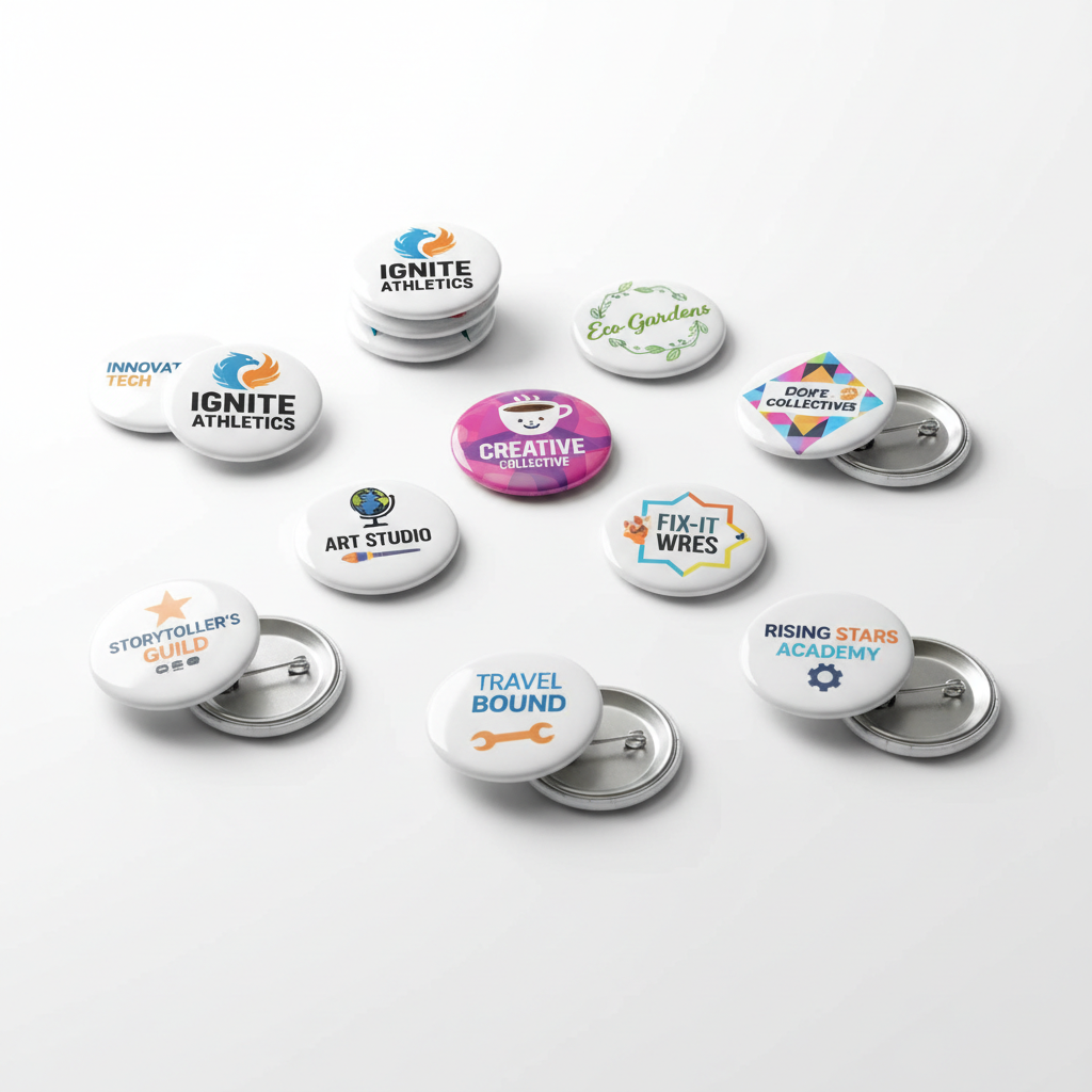 Assorted round pinback buttons with printed logos and metal back clips.