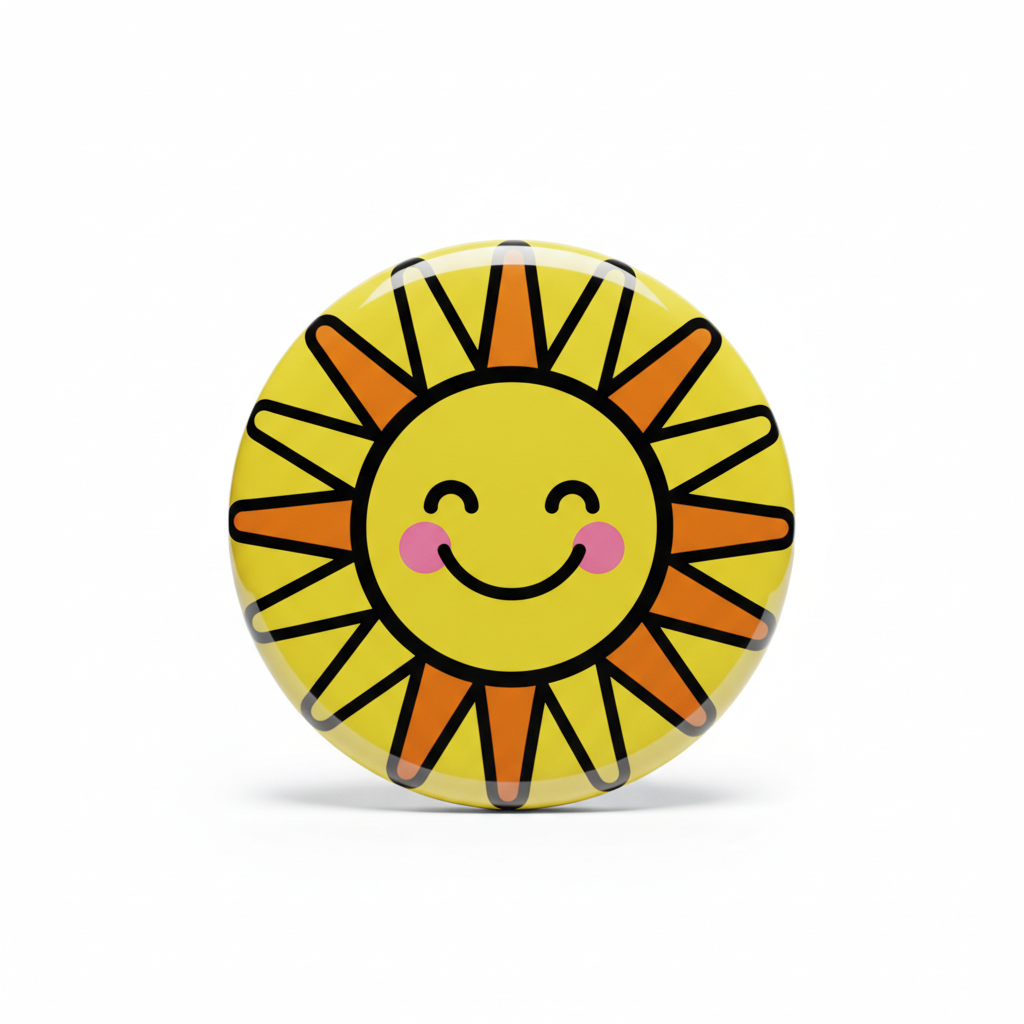 2.25-inch round smiley sun pinback button, yellow face with orange ray border