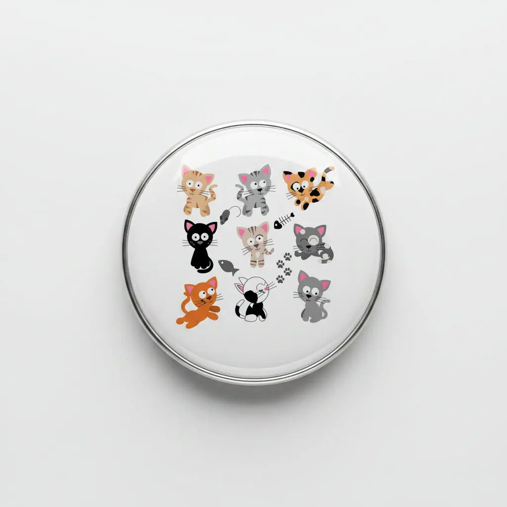 Round 2.25-inch cat pinback button with colorful cartoon cats on clear front
