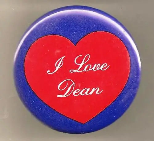 1.25-inch pinback button with blue border, red heart, and 'I Love Dean' text