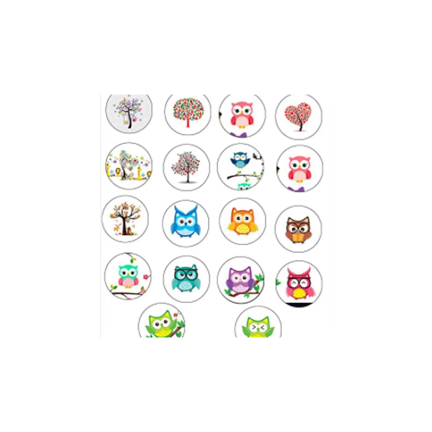 18 cartoon pinback buttons, 1.25-inch, owls and trees, assorted designs