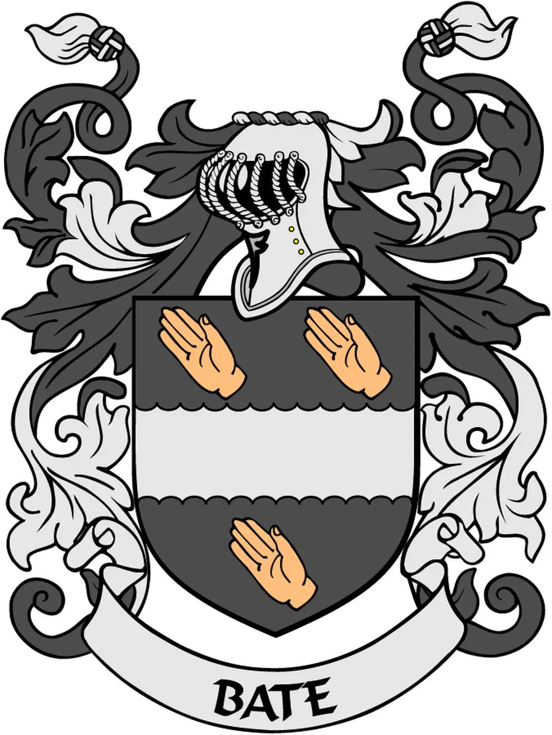 Family crest arms magnet with shield and raised hands, "BATE" banner