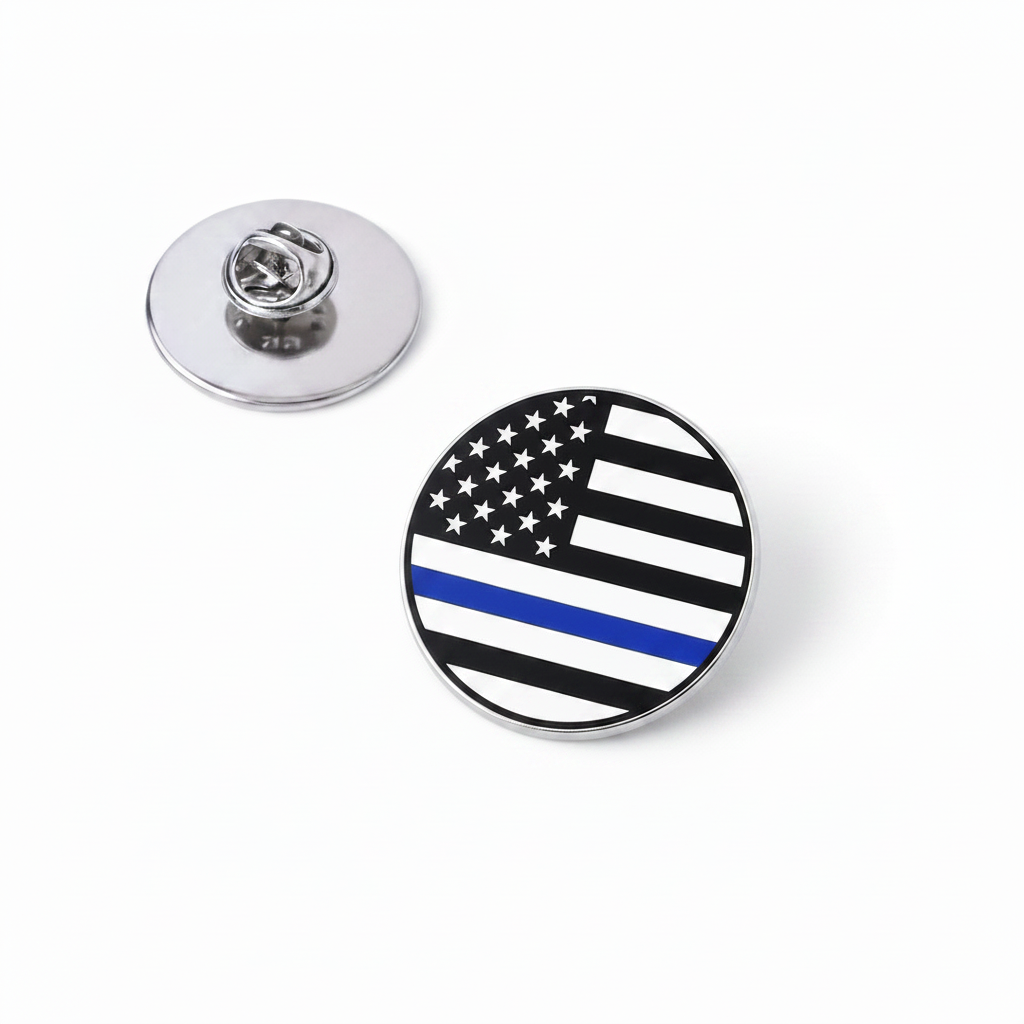 Round USA flag blue line lapel pin, star-and-stripe design with silver clutch back