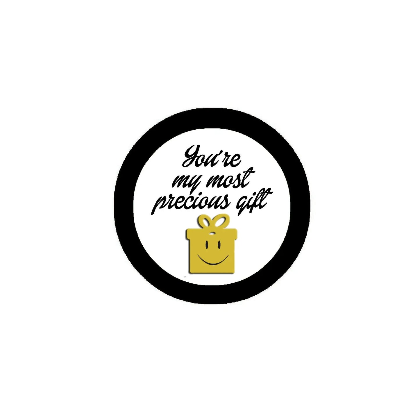 Round black pinback button badge with yellow gift icon and quote text