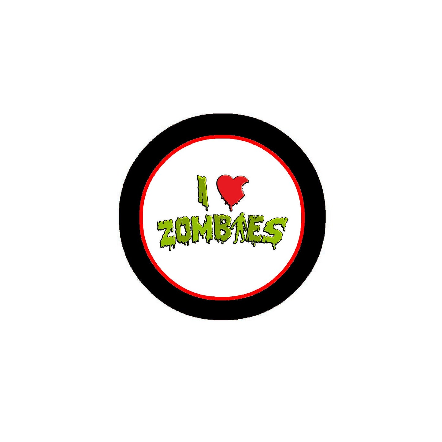 2.25-inch pinback badge with black rim and 'ZOMBIES' zombie-heart graphic