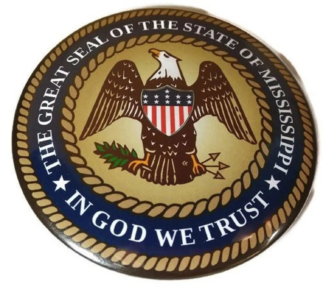 Round Mississippi state seal button pin with eagle, U.S. flag, and rim text