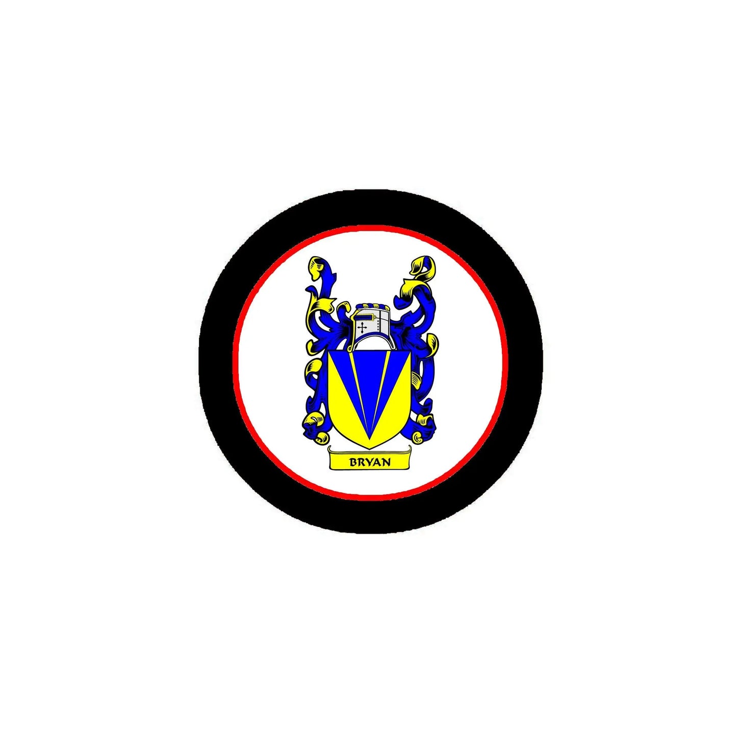 Round Bryan family crest arms magnet with black border and blue shield, 3-inch