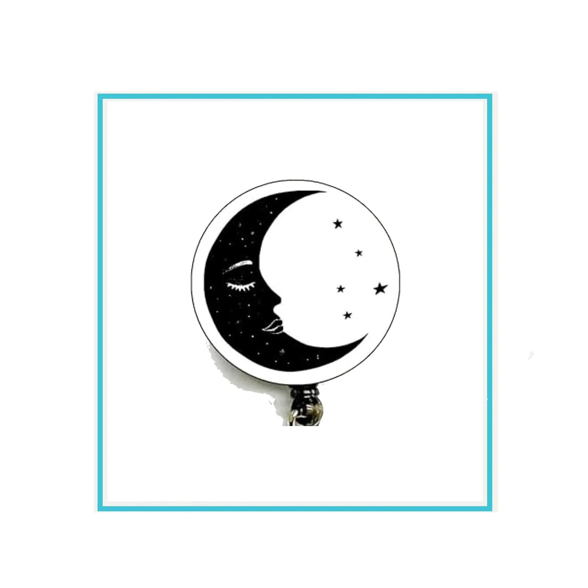 Retractable badge reel with crescent moon and star graphic, metal clip